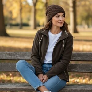 Ariat Womens Brown Full Zip Fleece Jacket Tan Piping Equestrian Mock Neck L